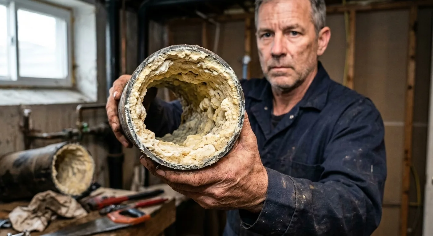 Handwerker hält ein aufgesägtes Abflussrohr in die Kamera: Der Innenraum ist von einer dicken, gelb-weißen Kalkschicht überzogen, die Öffnung nur noch halb so groß.