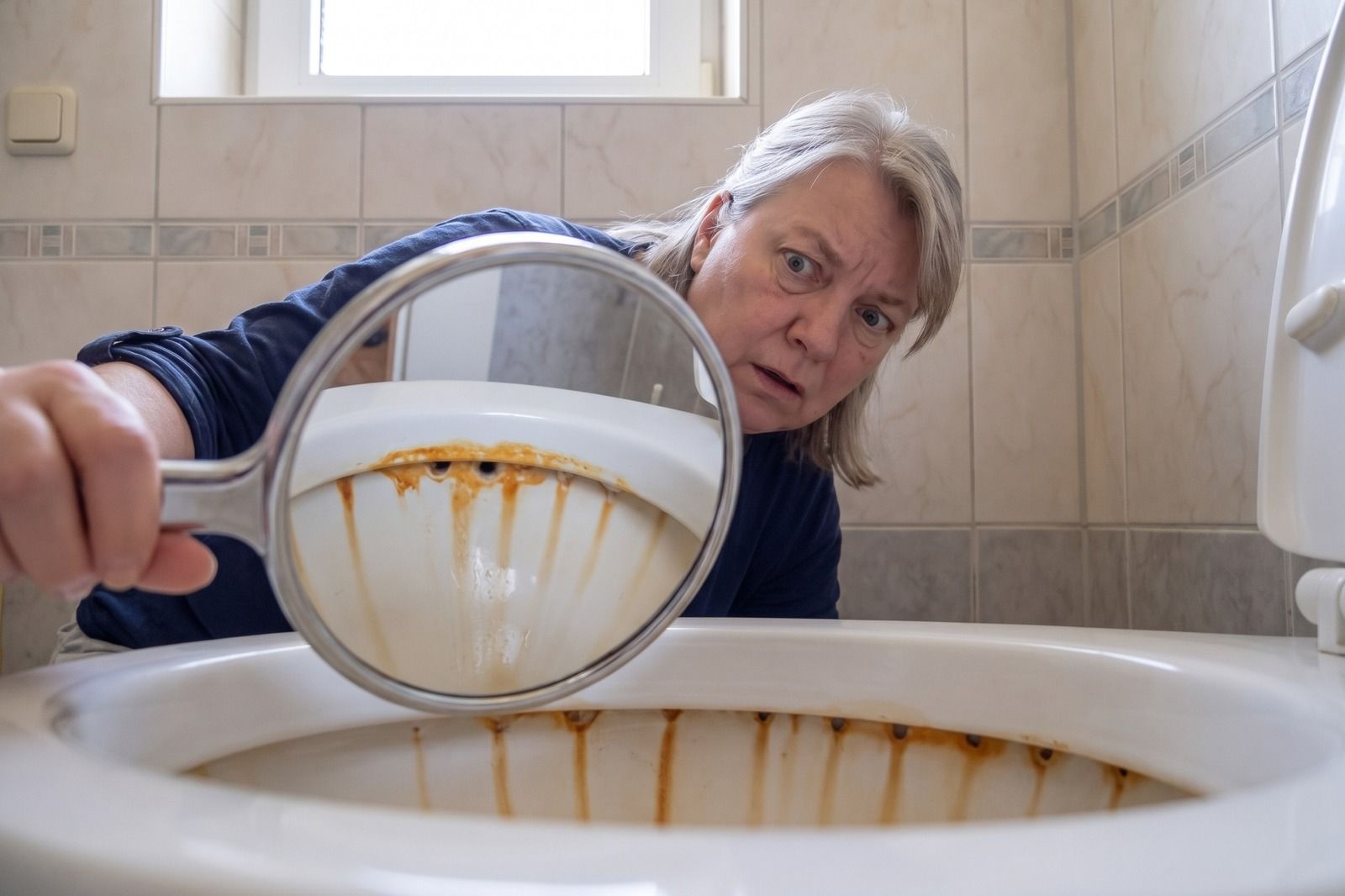 Frau hält einen runden Handspiegel unter den Spülrand der offenen Toilette; im Spiegel und an der Kante sind orange-braune Streifen zu sehen, ihr Gesicht zeigt Überraschung.