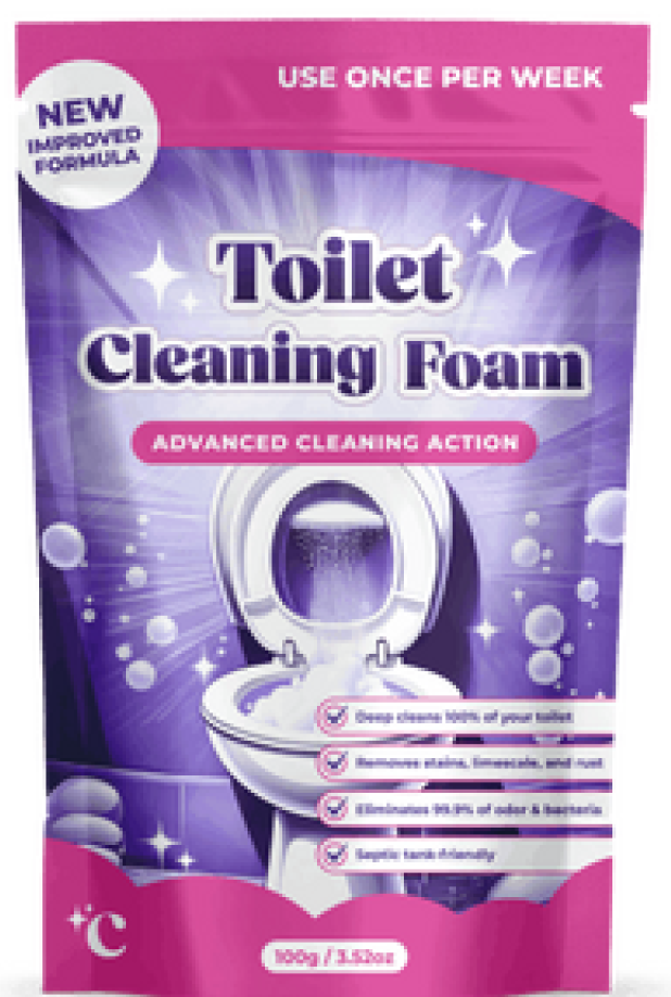 FizzClean Toilet Cleaning Foam: violetter Standbodenbeutel mit 100 g Reinigungspulver.