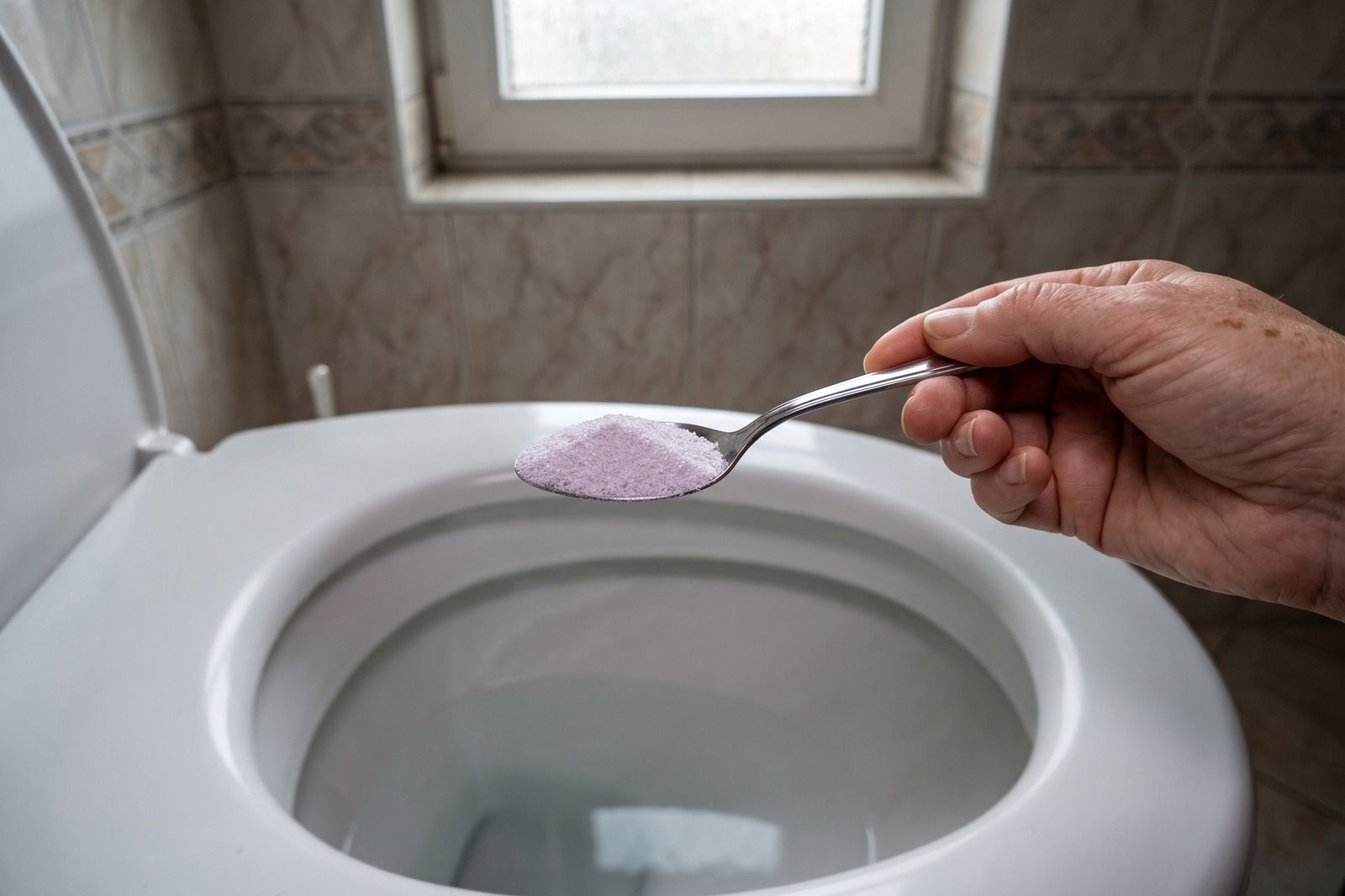 Hand hält einen gehäuften Esslöffel mit feinkörnigem hell-lila Pulver dicht über die offene weiße Toilettenschüssel.