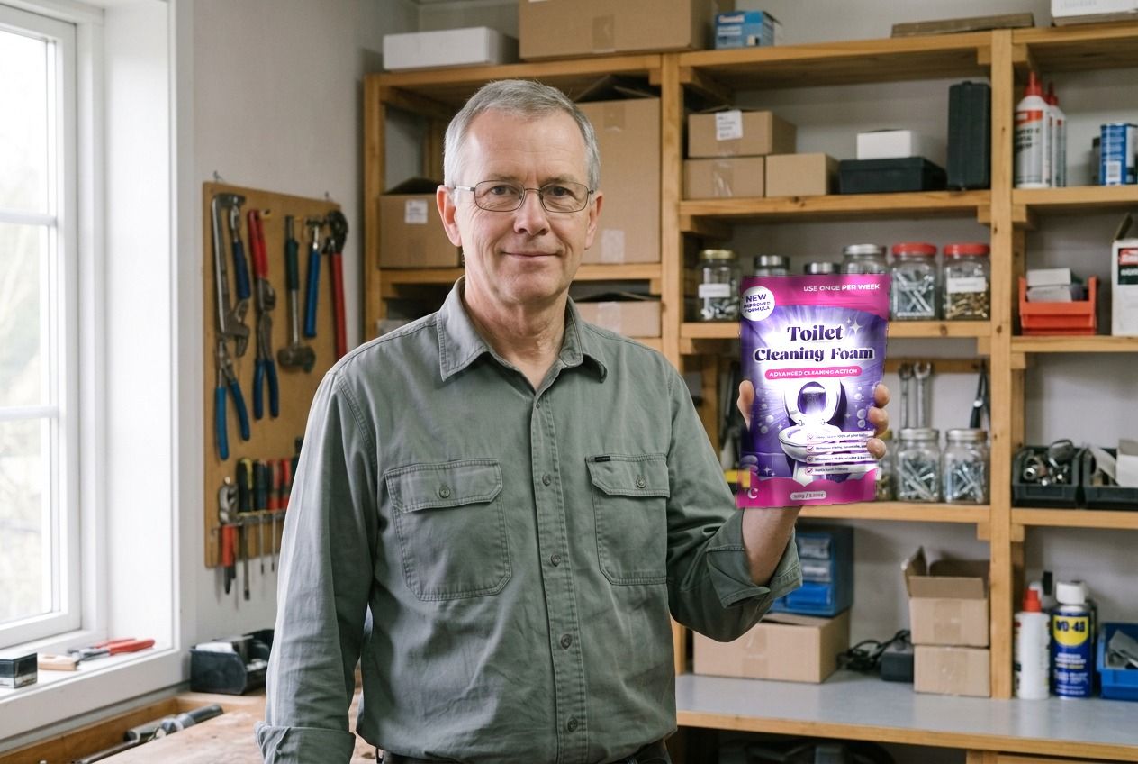 Mann Anfang 60 mit Brille und Arbeitshemd steht in einer Werkstatt und hält den violetten Standbodenbeutel mit dem Reinigungspulver auf der flachen Hand.