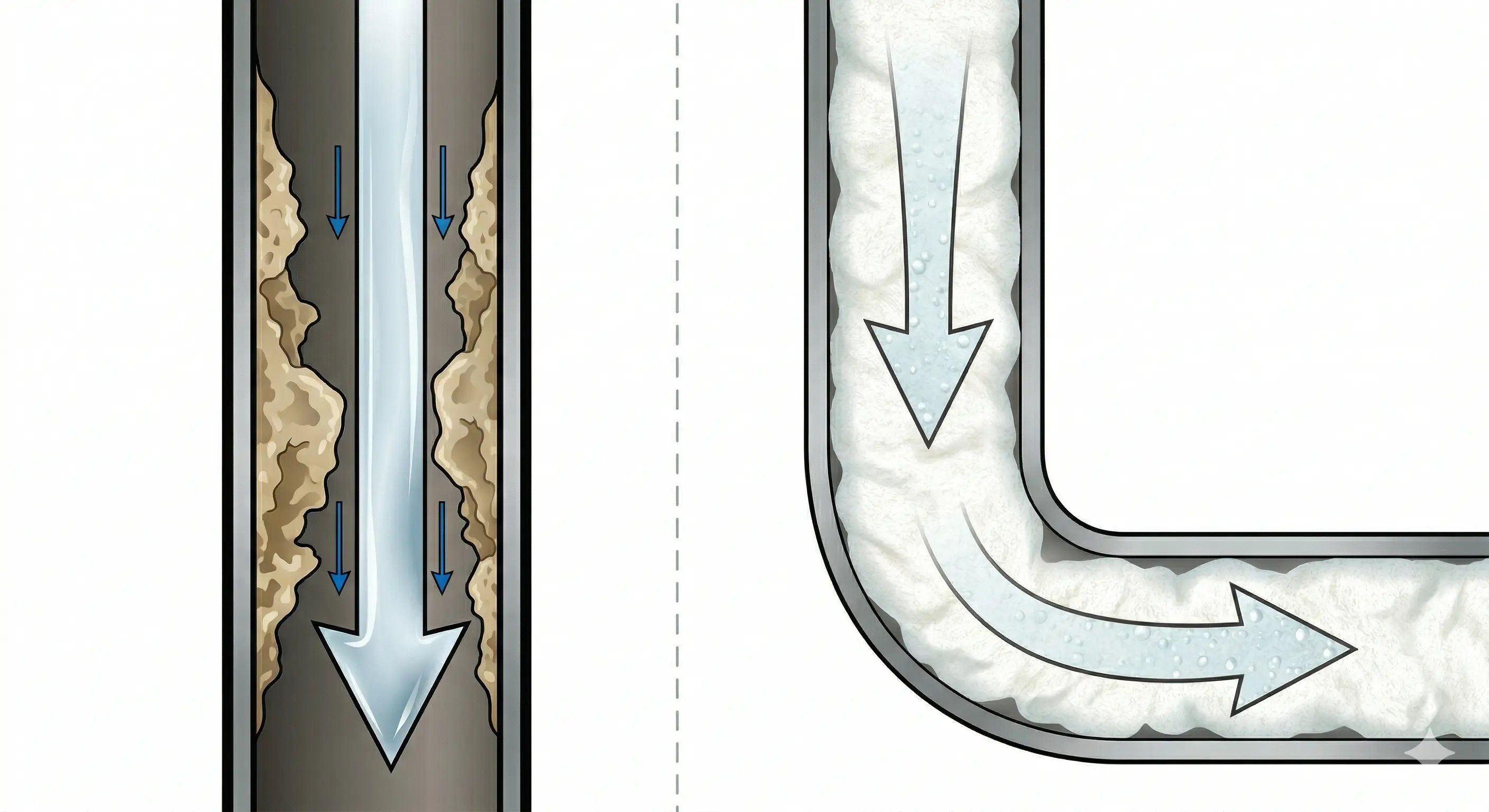 Schema-Illustration im Vergleich: Links läuft Flüssigreiniger als dünner Strahl mitten durch das belegte Rohr, rechts füllt weißer Schaum den kompletten Rohrbogen bis in die Kurve aus.